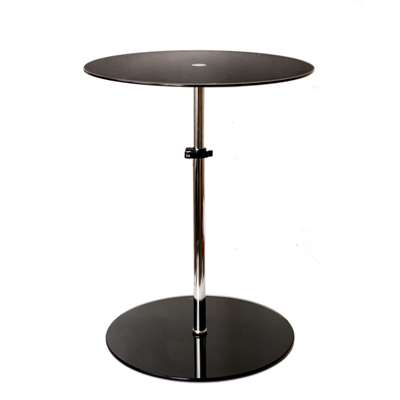 שולחן צד שחור מתכוונן. שולחן צד עגול עשוי ניקל בשילוב זכוכית בצבע שחורה. 