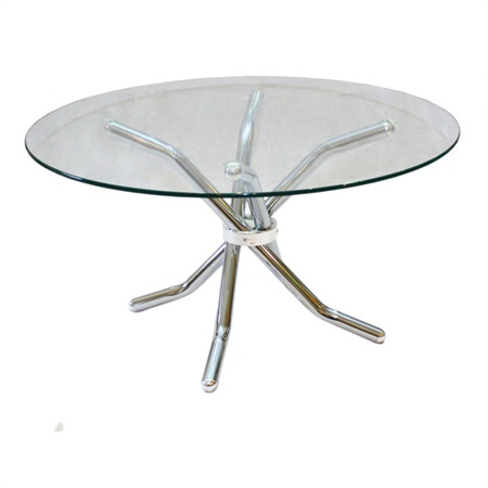 שולחן סלון עגול. שולחן סלון עגול עשוי מתכת מצופה ניקל בשילוב זכוכית שקופה בעובי 8 מ"מ מחוסמת ומלוטשת.